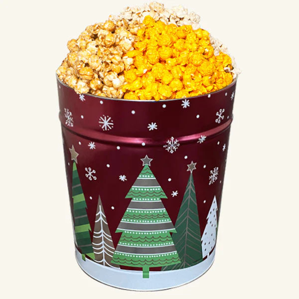 Tri Flavor 3.5 Gallon Holiday Trees Tin-Caramel-Butter-Cheddar