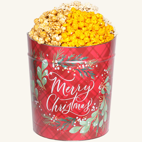 Tri Flavor 3.5 Gallon Christmas Plaid Tin-Caramel-Butter-Cheddar