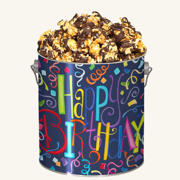 Johnson's Popcorn 1 Gallon Happy Birthday Tin-Chocolate Drizzle